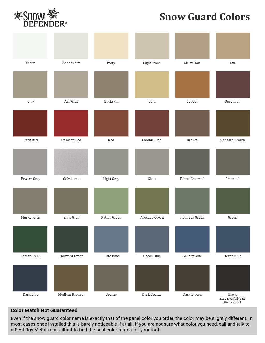 Standing Seam Snow Guard Colors
