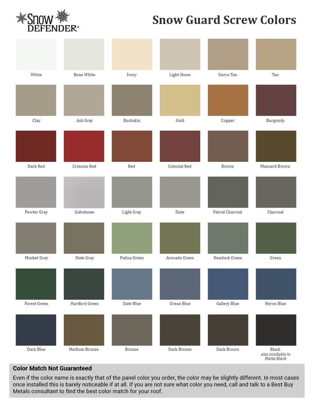 Snow Guard Screw Colors